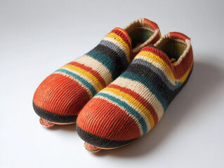 A pair of bowling socks, isolated on a white surface, with striped patterns and no shadow.