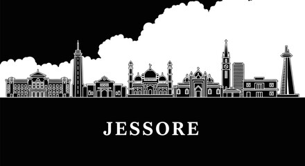 Fototapeta premium Jessore Bangladesh Skyline Silhouette Black White.