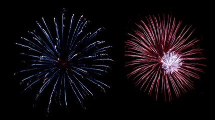 Blue, red and white fireworks bursting in dark night sky to celebrate USA Independence Day or New Year, symbolizing American patriotism, national pride and festive holiday celebration background
