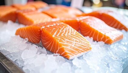 Raw Wild Salmon Steak with Skin on Crushed Ice – High-Detail Display Highlighting Natural Marbling, Freshness, and Rustic Seafood Market Aesthetic in a Cold, Clean Setting