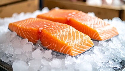 Raw Wild Salmon Steak with Skin on Crushed Ice – High-Detail Display Highlighting Natural Marbling, Freshness, and Rustic Seafood Market Aesthetic in a Cold, Clean Setting