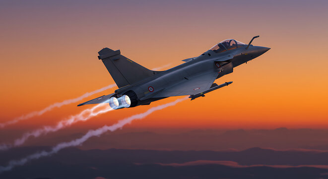 A sleek fighter jet soaring through a vibrant sunset sky, leaving vapor trails.