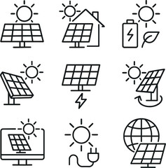 Business icon set in black line style with symbols for web design, technology, and communication