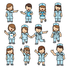 Cartoon nurses healthcare medical team character set