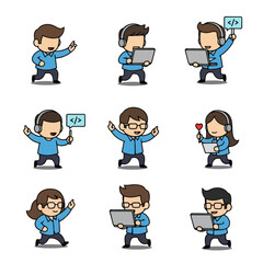 Fototapeta premium Cartoon programmer character set holding laptop