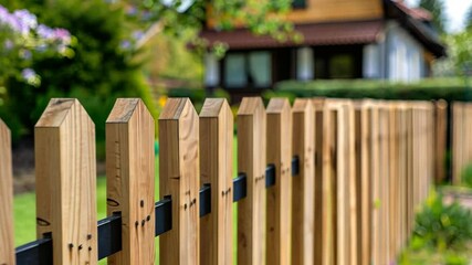 A wooden fence adds charm and definition to a well-maintained garden, framing a tranquil residential area, perfect for relaxation