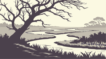 Serene River Landscape Design featuring a majestic tree and winding waterway perfect for branding and logo creation