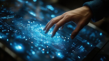 Hand Touching Digital Starry Cosmos on Touchscreen Technology