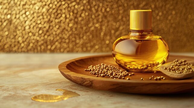 Golden elixir embodying wellness and natural beauty resting elegantly on a wooden tray with rich