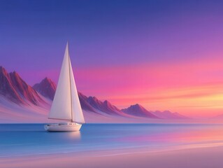 Serene sailboat gliding across tranquil waters with majestic mountains under a vibrant pastel sky capturing the essence of adventure and peace in a breathtaking coastal landscape