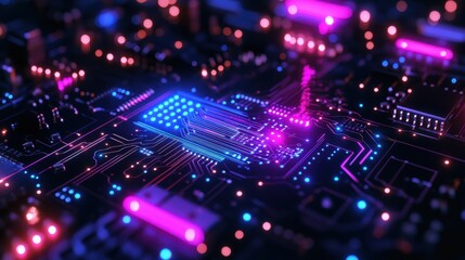 Vibrant Close-Up of Circuit Board with Glowing LED Lights