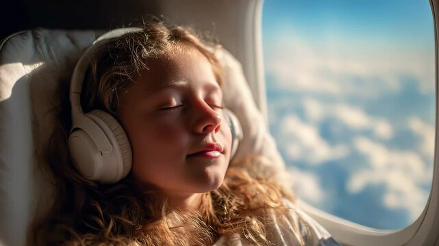 Young Girl Relaxing with Headphones on Airplane Dreaming Above Cloudscape