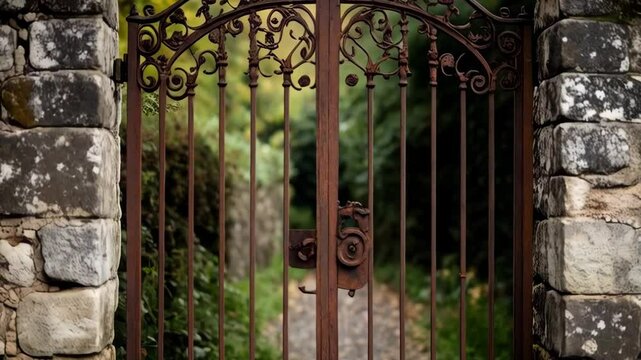 Ornate wrought iron gate with scrollwork design and stone pillars, suggesting garden entrance, nature trail or hidden passage with old world feel.