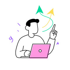 Man pointing upward with laptop. Growth and success arrow concept. Business development illustration.