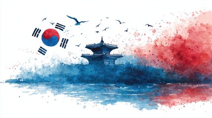 Korean heritage and culture concept with flag and traditional architecture. Korea Independence Day