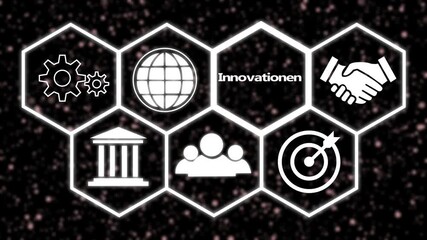 A Innovations "Innovationen" button in German on a futuristic ,Blue wave digital data flow. Seamless loop technology network background concept . - Powered by Adobe