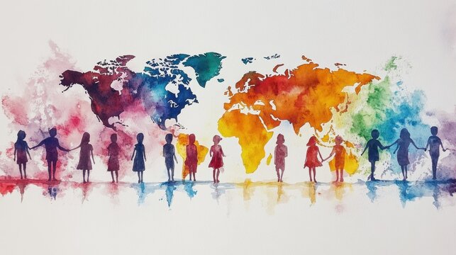 Unity and diversity across cultures in a colorful watercolor world map artwork. World Humanitarian Day - Powered by Adobe