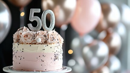 Elegant 50th birthday celebration cake with pink and gold decorations