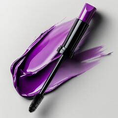 Eyelash brush with purple mascara smear on white background. Cosmetics and make-up concept. Flat lay for poster, commercial, presentation