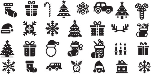 Christmas icon set, black holidays vector symbol collection
