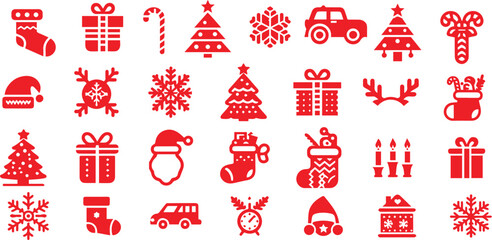 Christmas icon set, red holidays vector symbol collection