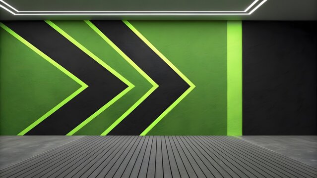 Modern room interior with green and black arrow wall