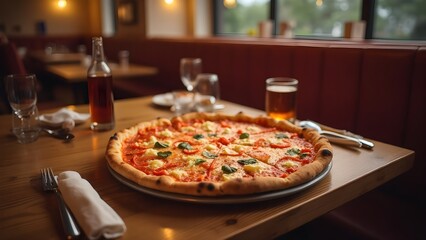 Whole Pizza on Wooden Table in Restaurant – Cozy Food Scene