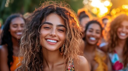 Fototapeta premium Joyful young woman smiling in a warm sunset with friends in background