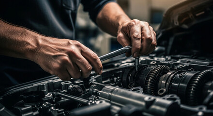Mechanic working on car engine with wrench in automotive workshop  