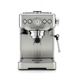 Modern stainless steel espresso machine with pressure gauge and milk frothing wand, ideal for home baristas and coffee lovers.