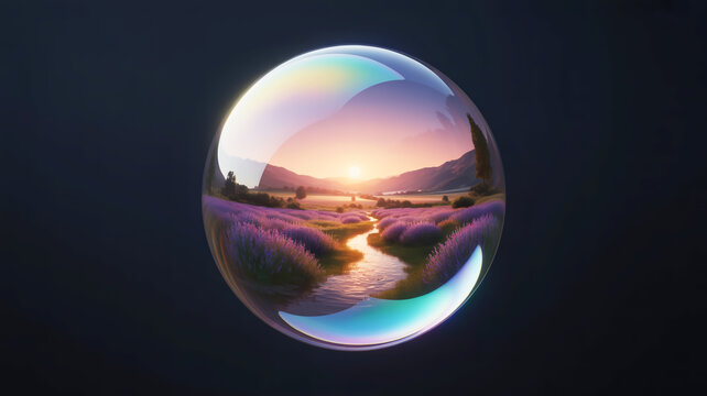 A digital art composition of a perfect spherical bubble containing a serene landscape scene.