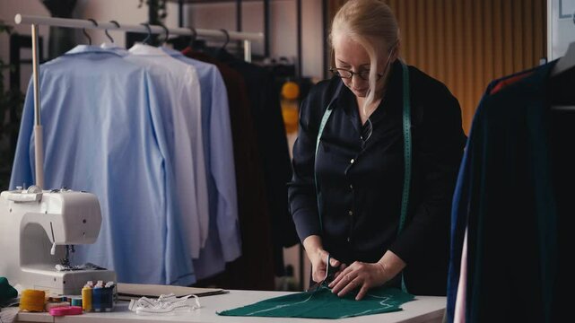 Professional woman tailor cutting fabric in studio, doing custom dressmaking