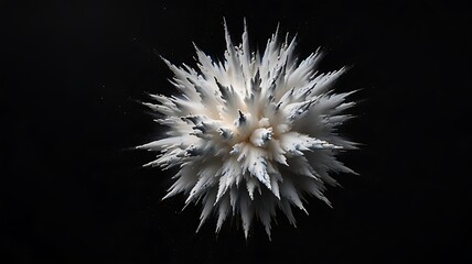 White powder explosion frozen mid air against black background showing sharp detail and dynamic energy