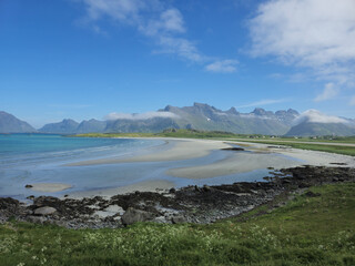 Breathtaking coastline views of Norway scenic landscape under a clear blue sky