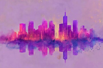 Obraz premium A stylized cityscape, vibrant with hues of purple and pink.