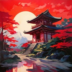 an AI Image Generator, Serene Japanese Pagoda Against a Vibrant Red