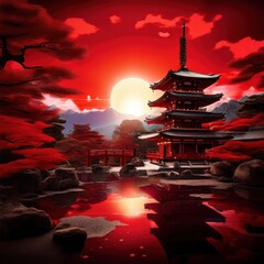 an AI Image Generator, Serene Japanese Pagoda Against a Vibrant Red