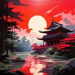 an AI Image Generator, Serene Japanese Pagoda Against a Vibrant Red