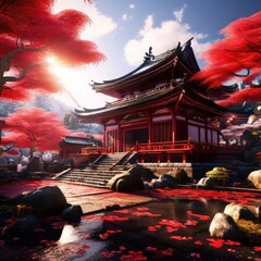 an AI Image Generator, Serene Japanese Pagoda Against a Vibrant Red