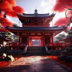 an AI Image Generator, Serene Japanese Pagoda Against a Vibrant Red