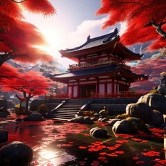 an AI Image Generator, Japanese Temple With Vibrant Red Maple Trees
