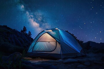 Night Camping Illuminated Tourist Tent Under Beautiful Night Sky Full of Stars and Milky Way