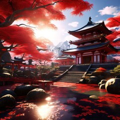 an AI Image Generator, Japanese Temple With Vibrant Red Maple Trees