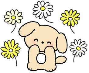 꽃에 둘러싸인 강아지 캐릭터 일러스트