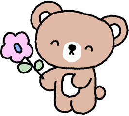 보라색 꽃을 들고 웃고 있는 곰 캐릭터 일러스트