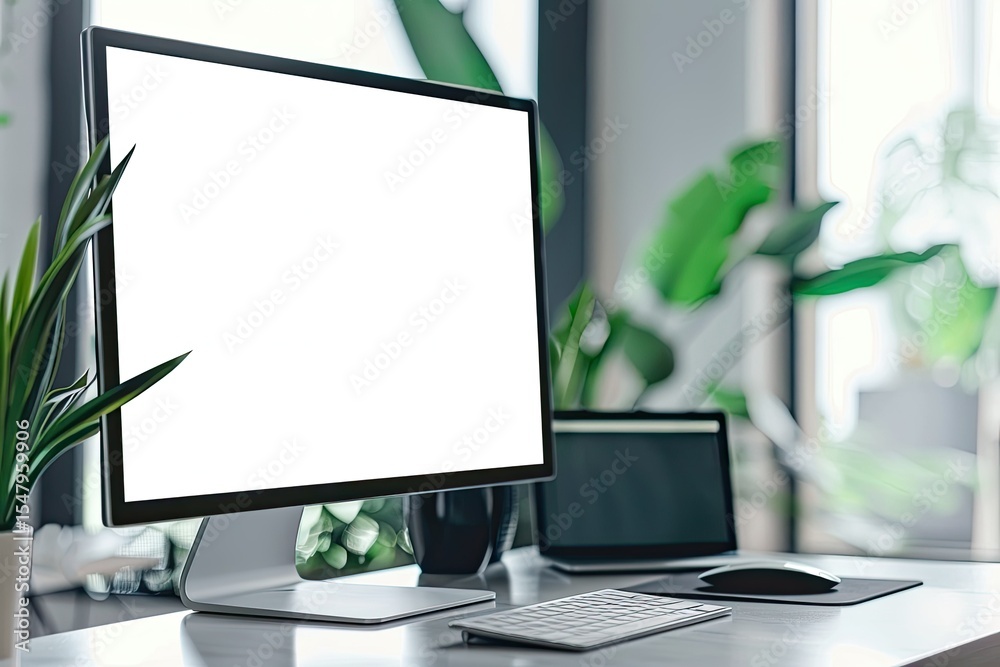 Wall mural ultra quality image of computer screen and laptop device on office workspace