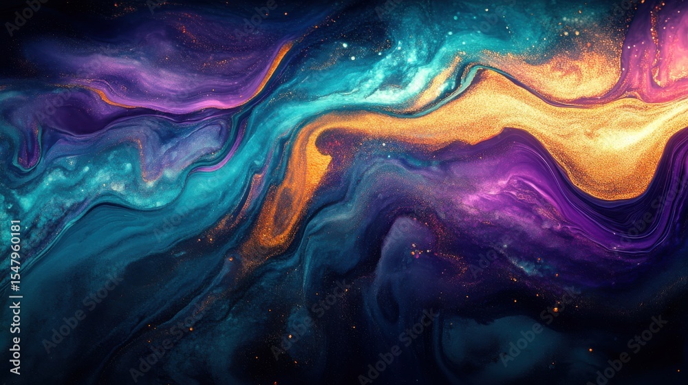 Poster abstract colorful waves of paint in dark space background design