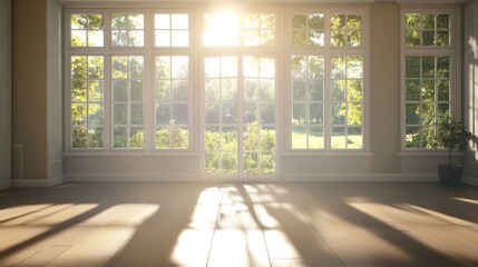 Wooden floor in a spacious, empty room with a large window offering a view of a garden