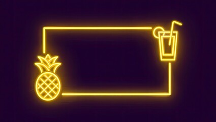 Glowing neon frame with a cocktail glass and pineapple icon on a dark background. Retro style for nightlife or party design. Vibrant summer vibe. Generative AI.