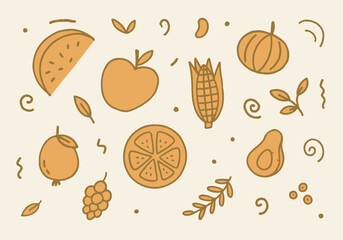 A set of fruit icons on a white background. Apple, orange, lemon, corn, watermelon. Collection of organic vitamins and healthy nutrition